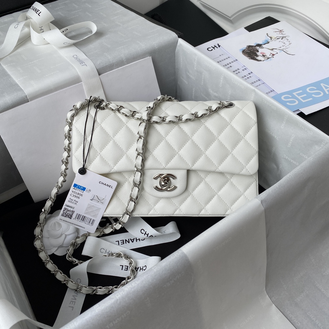 Classic Flap Caviar Bag A01113 White/Silver